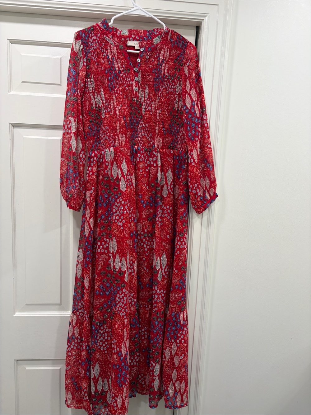 LOFT Women’s Red Patterned Long Sleeve Maxi Dress